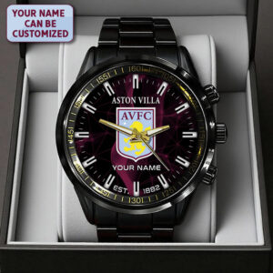 Personalized Aston Villa FC Black Stainless Steel Watch - TANTN23560