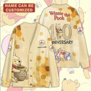 Personalized Winnie-the-Pooh 100th Anniversary Knitted V-neck Cardigan - TMTHU7836