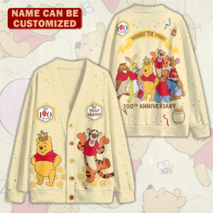 Personalized Winnie-the-Pooh 100th Anniversary Knitted V-neck Cardigan - TMTHU7661
