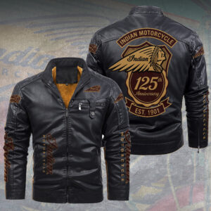 Indian Motorcycle 125th Anniversary 2D Leather Yellow Fleece Jacket - TMTHU8560