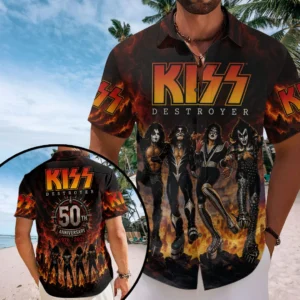 KISS Destroyer 50th Anniversary Short Sleeve Button-Down Shirt - TMTHU8903