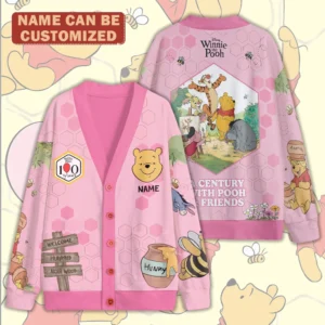 Personalized Winnie-the-Pooh 100th Anniversary Knitted V-neck Cardigan - TMTHU8835