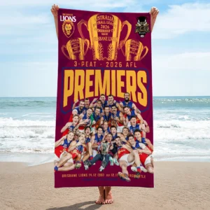Brisbane Lions 2026 AFL Premiers Rectangle Beach Towel - TMTHU9596