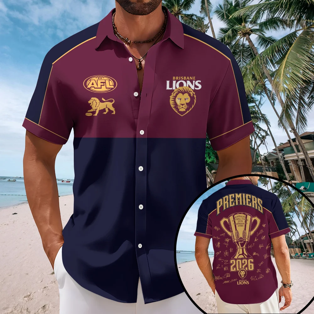 Brisbane Lions 2026 AFL Premiers Short Sleeve Button-Down Shirt - TMTHU9778