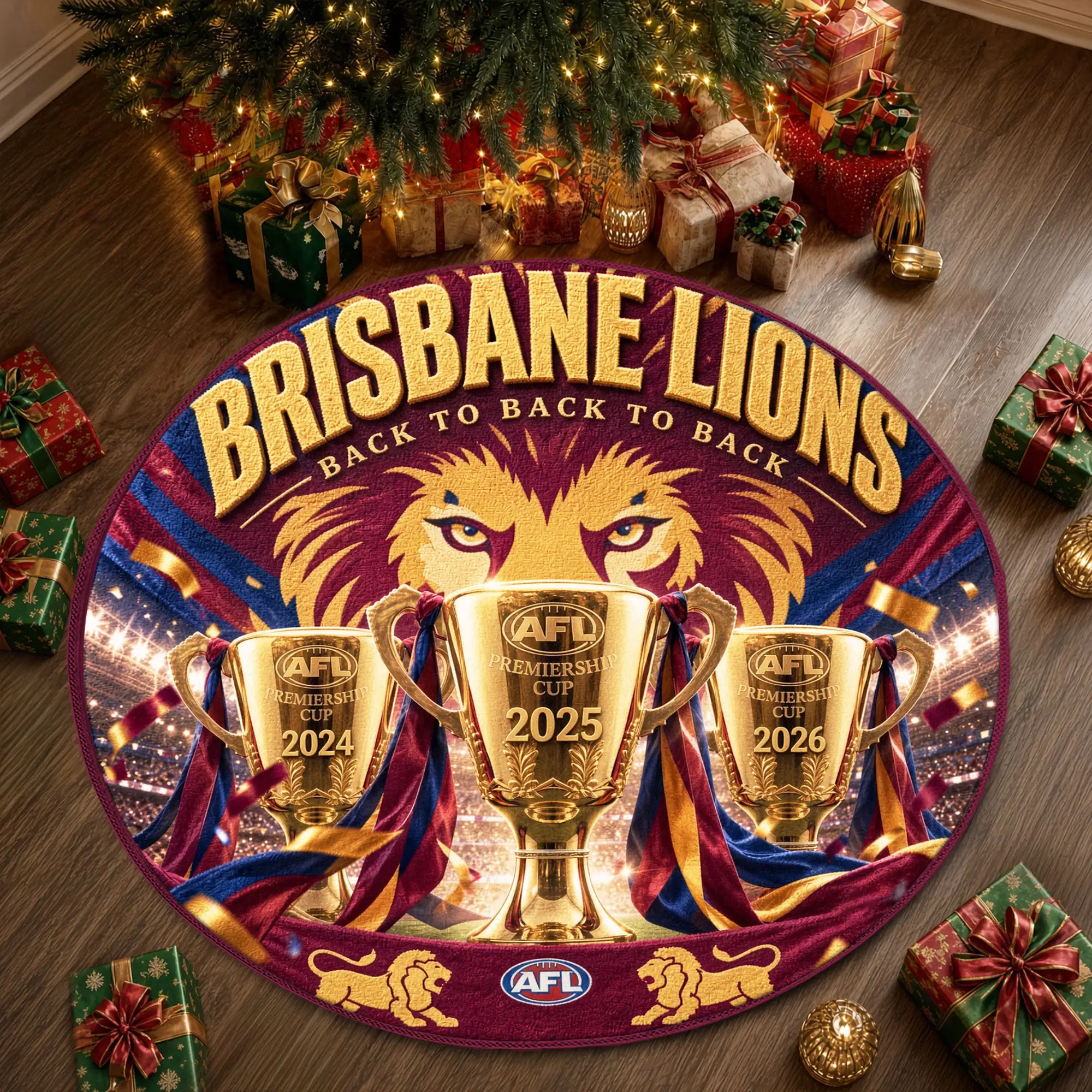 Brisbane Lions Threepeat Premiers Foldable Round Rug - TMTHU9755