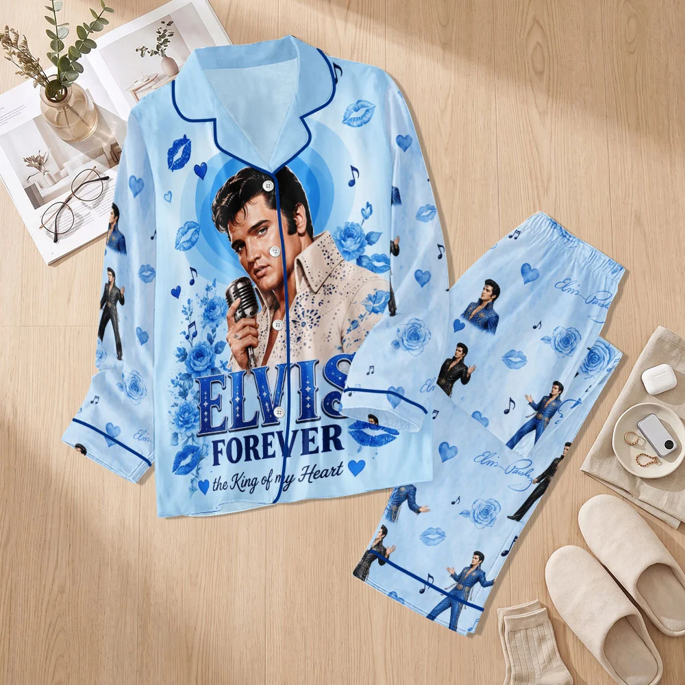 Elvis Presley Satin Pajama Set with Piping - TMTHU9984