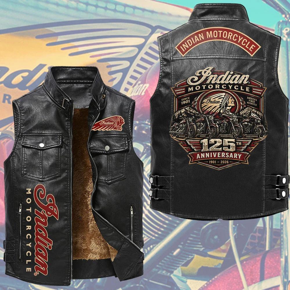 Indian Motorcycle 125th Anniversary Premium 2D Sleeveless Leather Vest - TMTHU9790