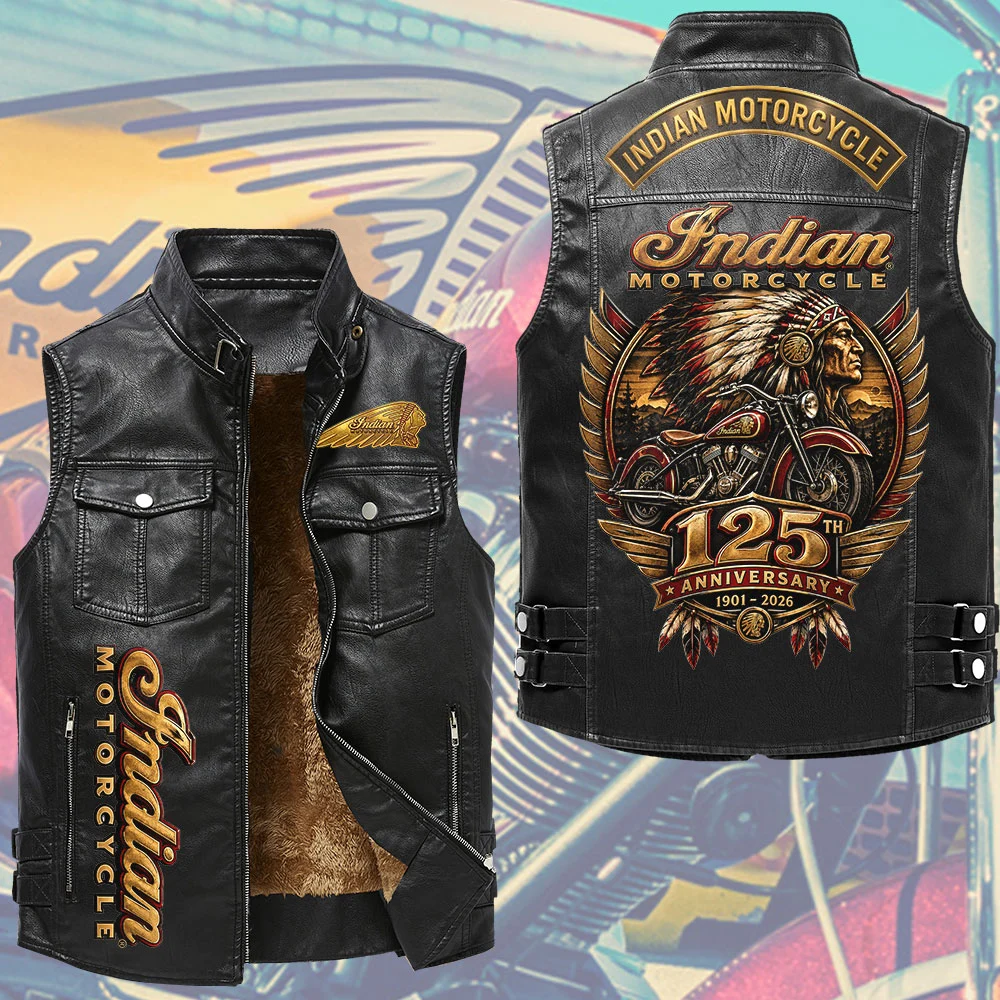Indian Motorcycle 125th Anniversary Premium 2D Sleeveless Leather Vest - TMTHU9974