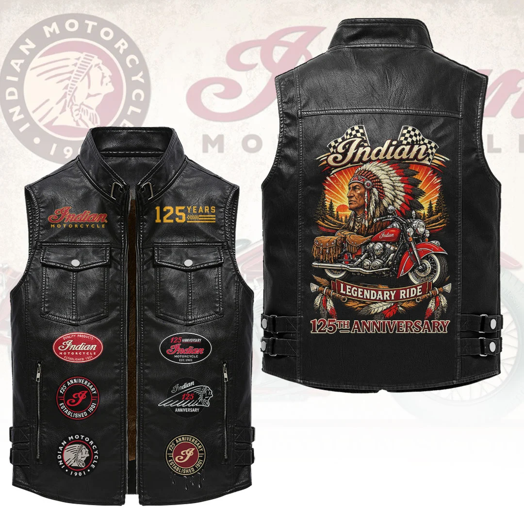 Indian Motorcycle 125th Anniversary Premium 2D Sleeveless Leather Vest - HOATT26746